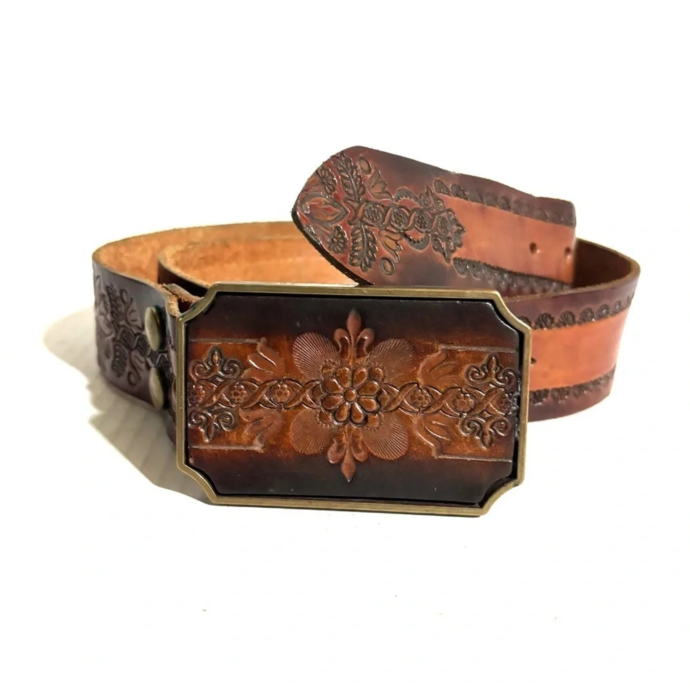Vintage unisex Brown Embossed Leather Belt